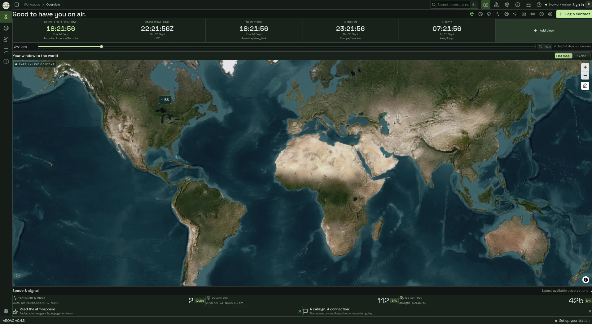 AROAC desktop showing a satellite world map, world clocks, solar flux and ISS altitude